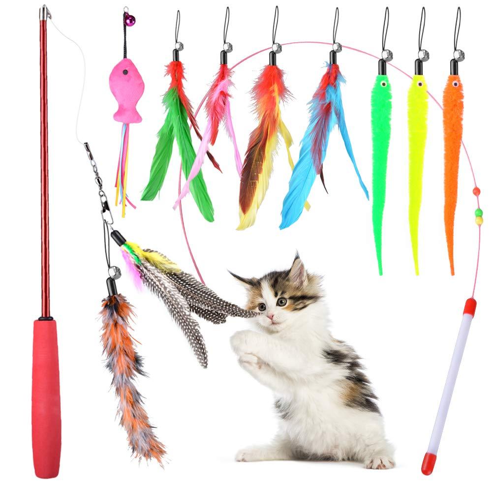 Oziral Cat Teaser, 11PCS Retractable Cat Toy Feather Teaser Cat Toy Cat Wand Feather Interactive Toys with Beads Bells and Feather Refills Set for Cat and Kitten - PawsPlanet Australia