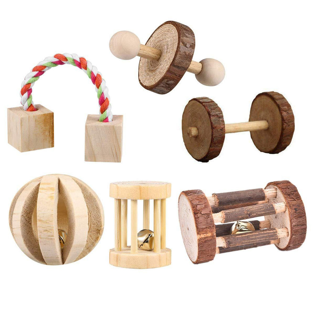 CCCYMM 6 Pcs Pet Natural Wooden Chew Toys Dumbells Exercise Bell Molar Toy for Parrot, Rabbit, Chinchilla, Guinea Pig, Hamster Small Animals - PawsPlanet Australia