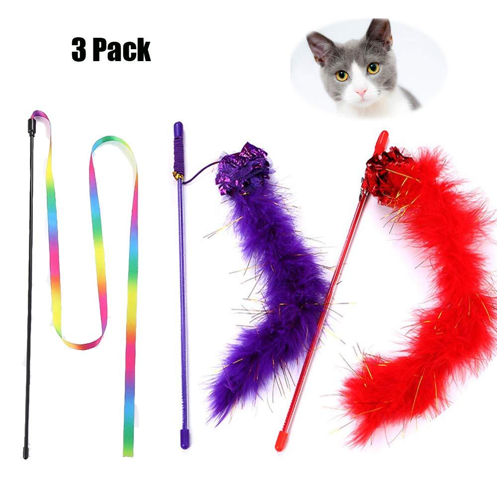 [Australia] - KABASI Cat Wand and Rainbow Charmer Toy, 2Pcs Interactive Cat Teaser Feather Wand with Sound Paper and 1Pcs Rainbow Ribbon Wand for Kitten Cat Having Fun Exerciser Playing 3PCS 