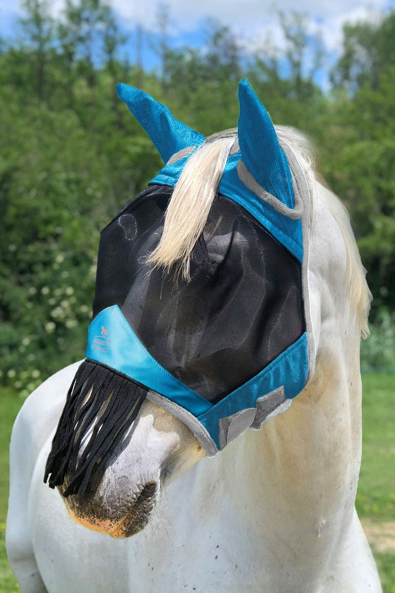 Harrison Howard CareMaster Fly mask with Ears and Nose Fringe Voodoo Blue Cob (M) - PawsPlanet Australia