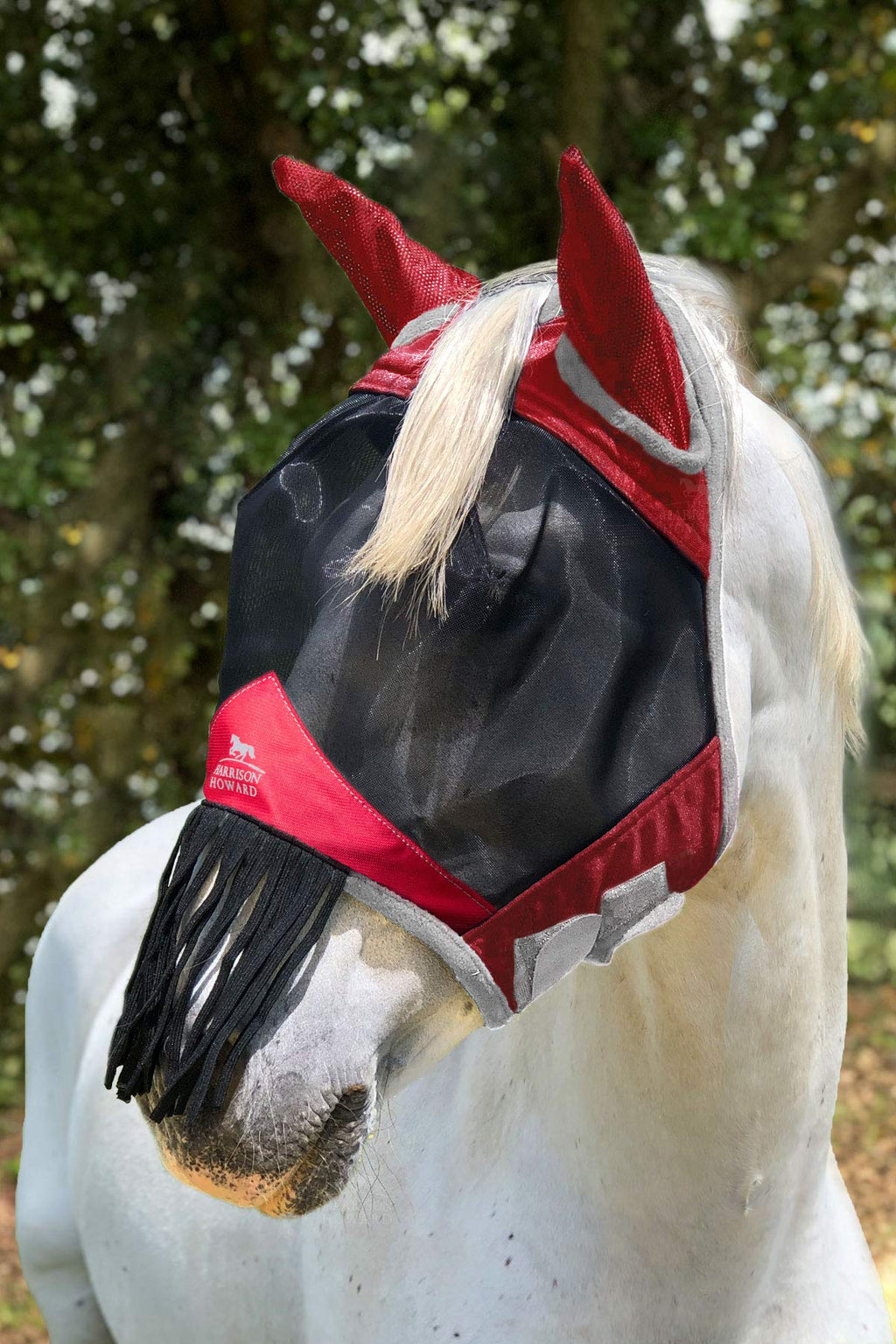 Harrison Howard CareMaster Fly mask with Ears and Nose Fringe Ruby Cob (M) - PawsPlanet Australia