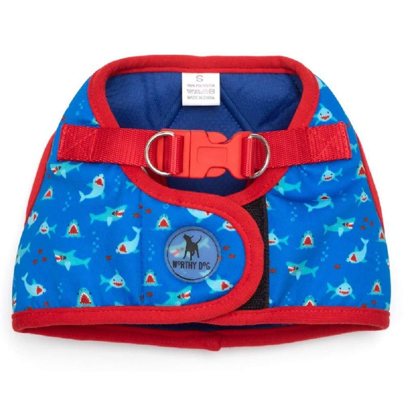 [Australia] - The Worthy Dog Printed Harness Chomp Shark Ocean Pattern Harness with Padded Mesh Velcro Adjustable, Outdoor, Easy Walk Vest for Small Medium Large Dogs, Blue/Red Color XXL 