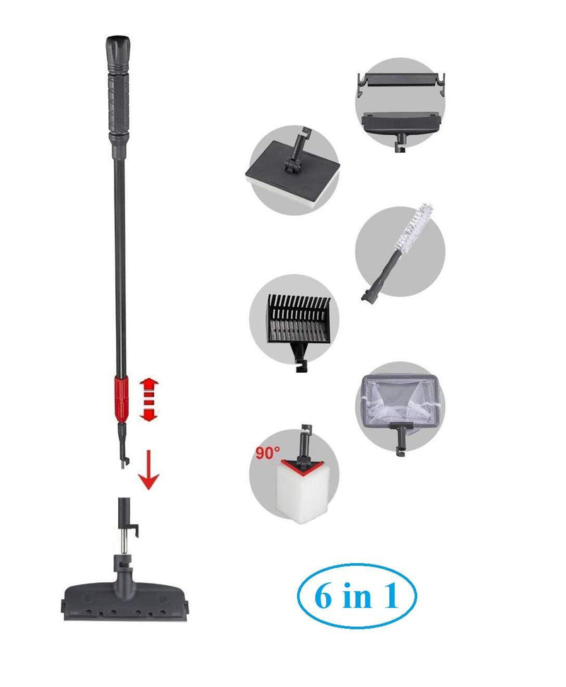 [Australia] - AquaticHI Premium 6 in 1 Aquarium/Fish Tank Premium Cleaning Tool, Algae Brush, Algae Scraper, Fish Net, Flat Sponge, Right Angle Sponge, Gravel Rake for Long Deep Fish Tanks 