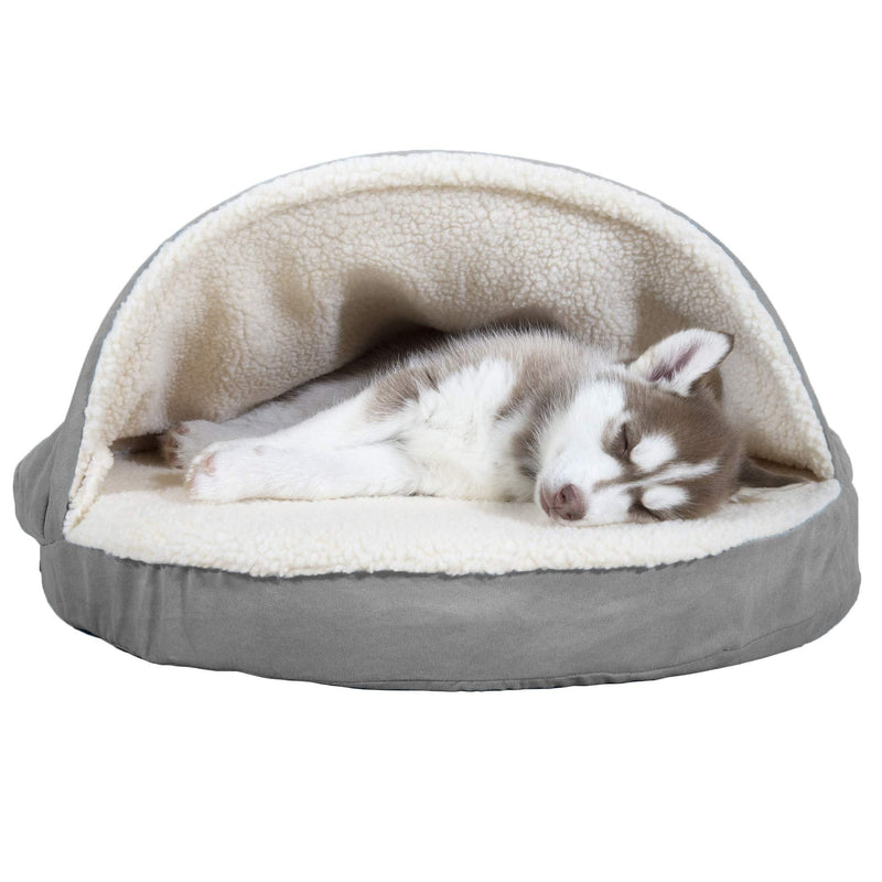 [Australia] - Furhaven Pet Dog Bed | Therapeutic Round Cuddle Nest Snuggery Burrow Blanket Pet Bed w/ Removable Cover for Dogs & Cats - Available in Multiple Colors & Styles 26" Base Orthopedic Foam Sherpa Gray 