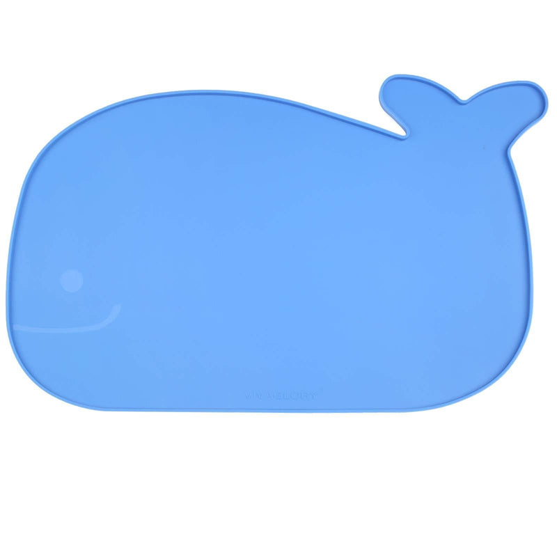 Vivaglory Pet Food Mat with Raised Edge, Large (23.6" x 15.7") or Small (18.9" x 11.8") Waterproof Food Grade Silicone Cute Feeding mat for Kitty Puppy Cat Dog S(18.9"x11.8") Blue (Whale-shape) - PawsPlanet Australia