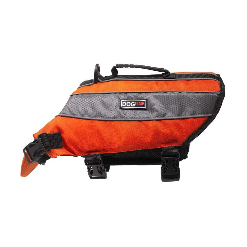 [Australia] - Dogline Dog Life Jacket – Dog Life Vest for Swimming and Boating in Hi-Viz Colors with Reflective Strips Mesh Underbelly for Draining and Drying and Top Carry Handle Girth 11 to 15" Neon Orange 