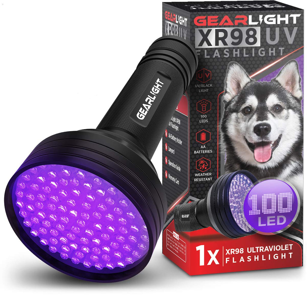 GearLight UV Black Light Flashlight XR98 - Powerful Patented 100 LED Blacklight Flashlights, Pet Stain Detector for Dog Urine, Scorpions, and Bed Bugs - Works with Carpet Odor Eliminator and Remover 100 LEDs - PawsPlanet Australia