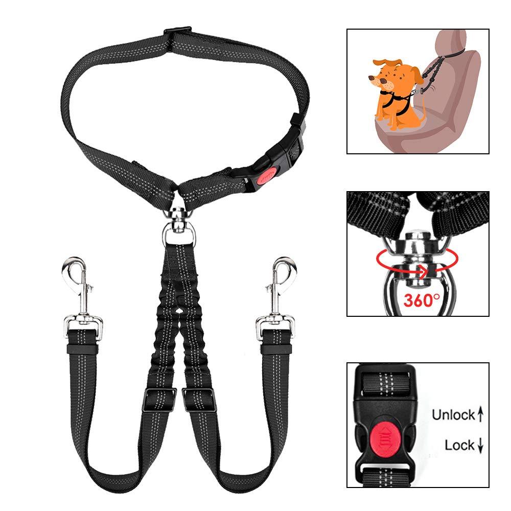 [Australia] - AutoWT Double Dog Seat Belt, New Dual Pet Car Headrest Restraint Safety Seatbelt No Tangle Dog Leash Duty Adjust Elastic Bungee Puppy Lead Splitter Connect Harness in Vehicle Travel for 2 Dogs 
