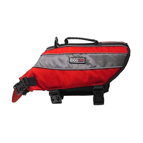 [Australia] - Dogline Dog Life Jacket – Dog Life Vest for Swimming and Boating in Hi-Viz Colors with Reflective Strips Mesh Underbelly for Draining and Drying and Top Carry Handle Girth 17 to 22" Red 