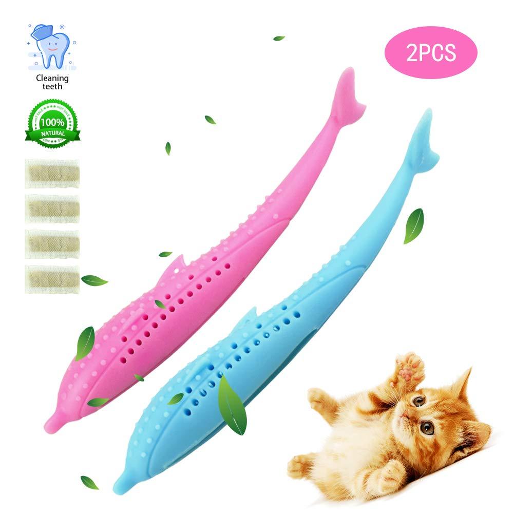 [Australia] - Zubita Cat Toothbrush Catnip Toy, Fish Shape Simulation Fish Flop Cat Toy Dental Care Silicone Molar Stick Chew Toys for Kitten Kitty Cats Teeth Cleaning (Blue + Pink) 