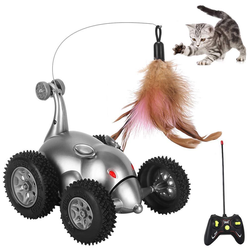 [Australia] - SlowTon Remote Cat Feather Toy, Mouse Shape Interactive Moving Automatic Robotic Rat Sound Chaser Prank Car for Kitten | Stimulate Cat Hunting Instincts | Funny Gifts for Pet (No Battery Included) 