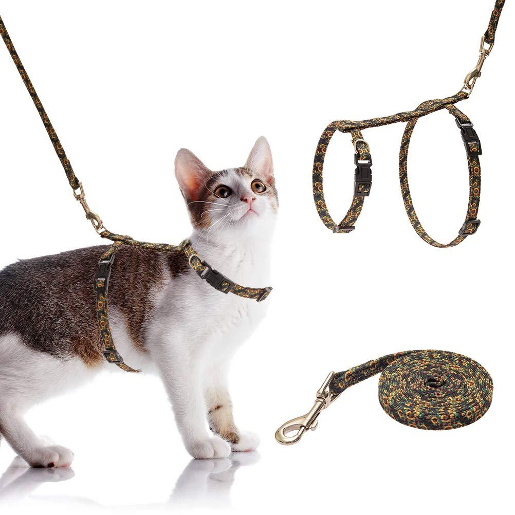 [Australia] - SCIROKKO Cat Harness with Leash Set - Cute Fabric with Sunflower Pattern - Escape Proof and Adjustable for Walking Black 