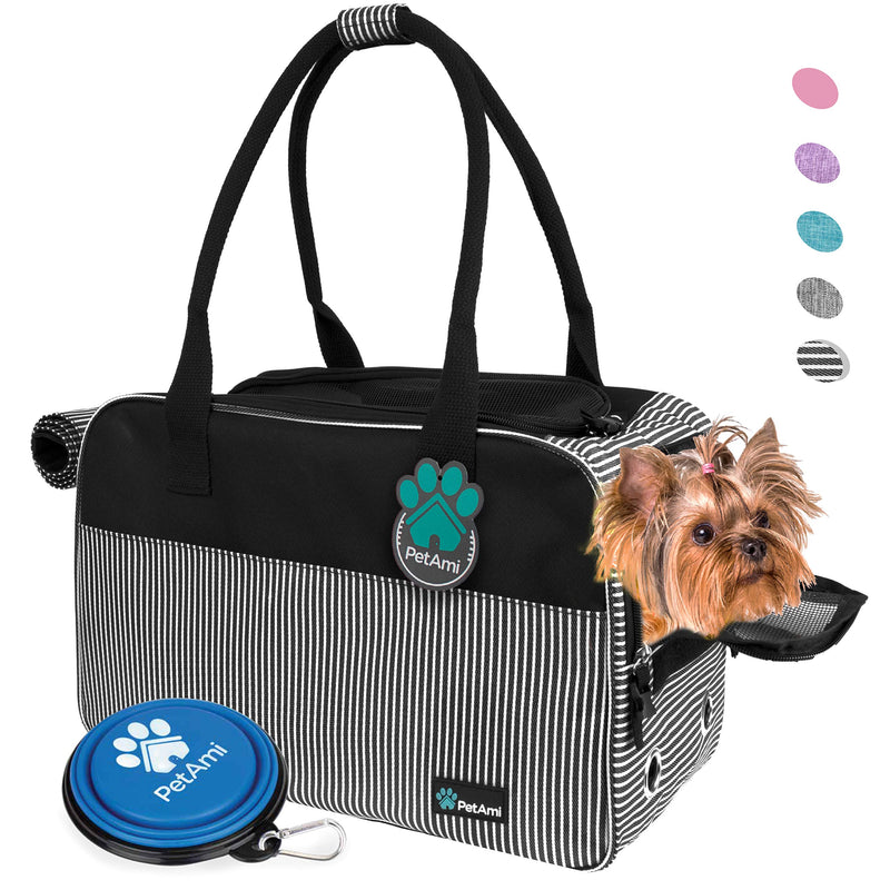 [Australia] - PetAmi Airline Approved Dog Purse Carrier | Soft-Sided Pet Carrier for Small Dog, Cat, Puppy, Kitten | Portable Stylish Pet Travel Handbag | Ventilated Breathable Mesh, Sherpa Bed One Size (17x8x11 Inches) Stripe Black 