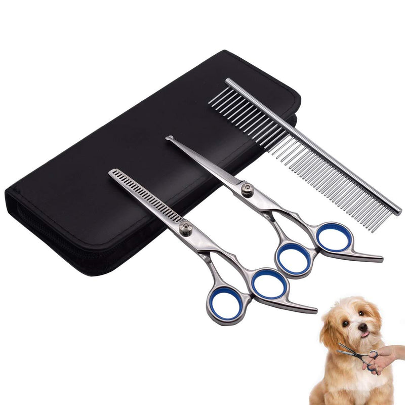 PetQoo Dog Grooming Scissors with Safety Round Tips, Heavy Duty Titanium Pet Grooming Trimmer Kit, Professional Thinning Shears, Straight Scissors with Comb for Dogs and Cats Set of 3 - PawsPlanet Australia