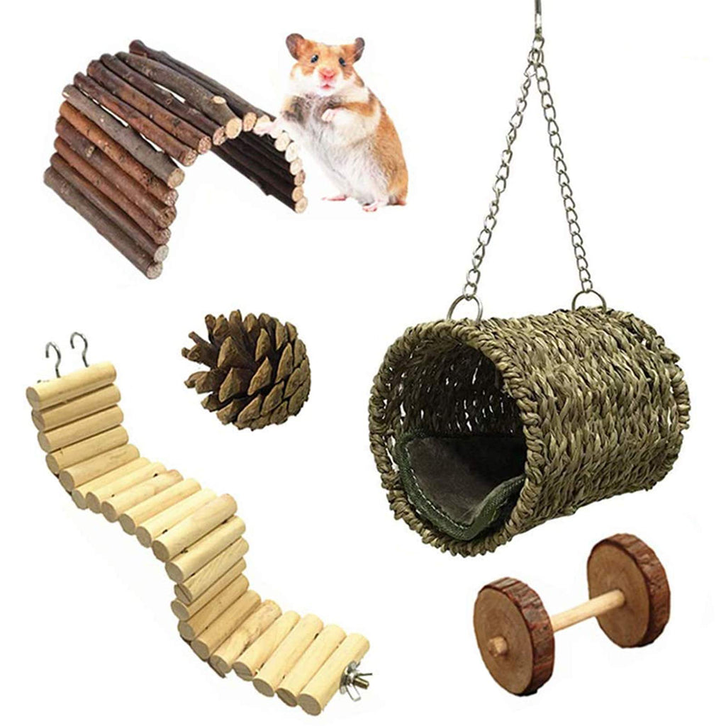 Ewolee Hamster Chew Toys Set, 5 Pcs Wooden Hamster Cage Toys, Hammock Nest Swing Bridge Ladder Stairs Climb Toy for Hamster Squirrel Ferret Guinea Pig Parrot - PawsPlanet Australia
