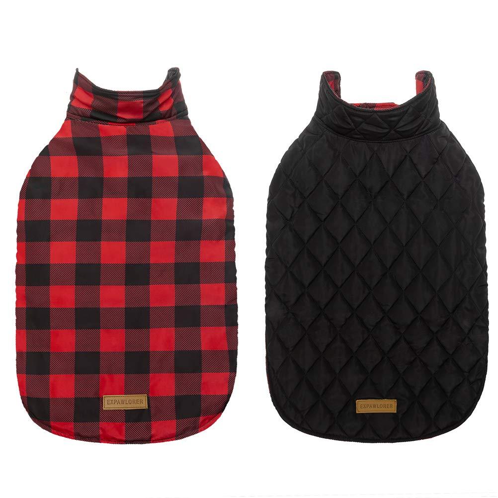 EXPAWLORER Winter Warm Dog Down Coat Cozy Waterproof Lightweight Reversible British Plaid Long Collar Dog Vest Cold Weather Jacket for Hiking Outdoor Red Black Size XL - PawsPlanet Australia