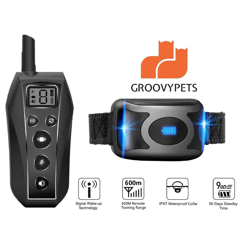 [Australia] - GROOVYPETS 650 YD Remote Dog Training Shock Collar w/Safe Humane Beep, Vibration, Static Shock and Waterproof Long Lasting Rechargeable Battery for Small Medium Large Dogs One Dog Kit 