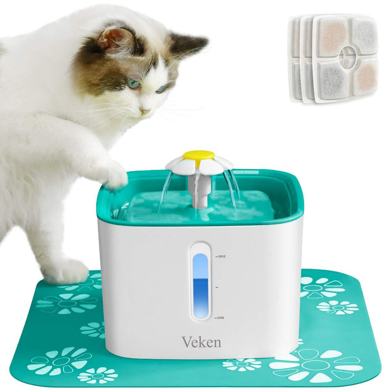 [Australia] - Veken Cat Water Fountain, 2.5L Automatic Pet Water Fountain Dog Water Dispenser with 3 Replacement Filters 1 Silicone Mat for Cats and Small to Medium Dogs Cyan 