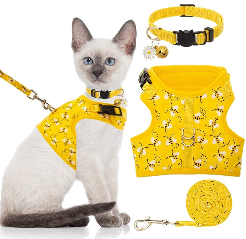 BINGPET Cat Harness with Leash and Collar for Walking - Escape Proof with 59 Inches Leash - Adjustable Soft Vest Harnesses for Medium Large Cats Yellow - PawsPlanet Australia