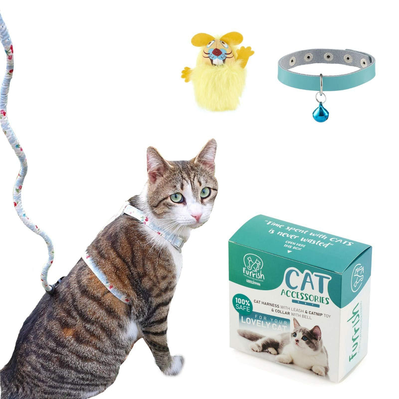 [Australia] - Furrish Universal Cat Harness and Collar – Multicolor Harness with Leash, Leather Collar with Bell and Catnip Mouse Toy – Adjustable Escape Proof Buckle for Outdoor Walking– Bonus E-Book Blue 