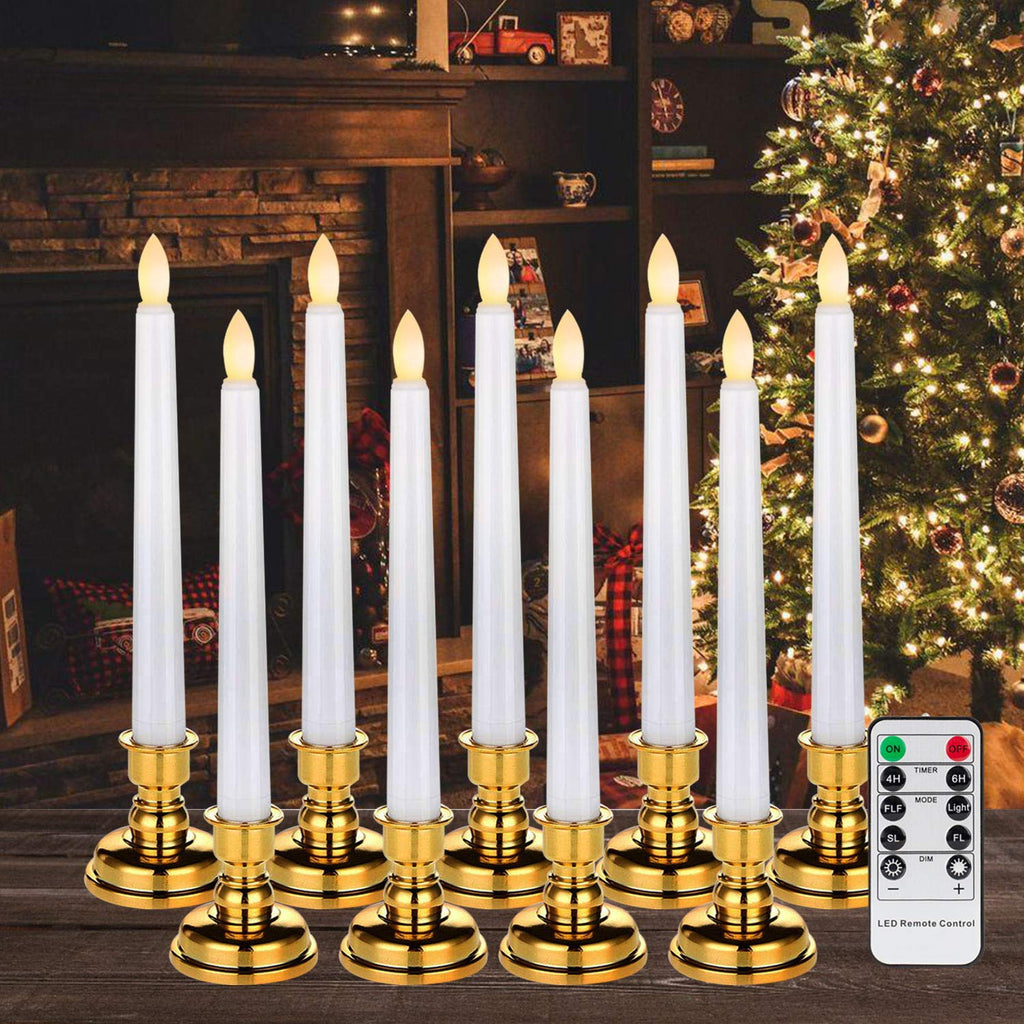 Homemory Pack of 9 Flameless Taper Window Candles with Remote and Timer, 7.9 Inches Battery Operated LED Candles with 4 Light Modes, Warm White Flickering Slowly/Fast Light (Batteries not Included) Gold Holders - PawsPlanet Australia