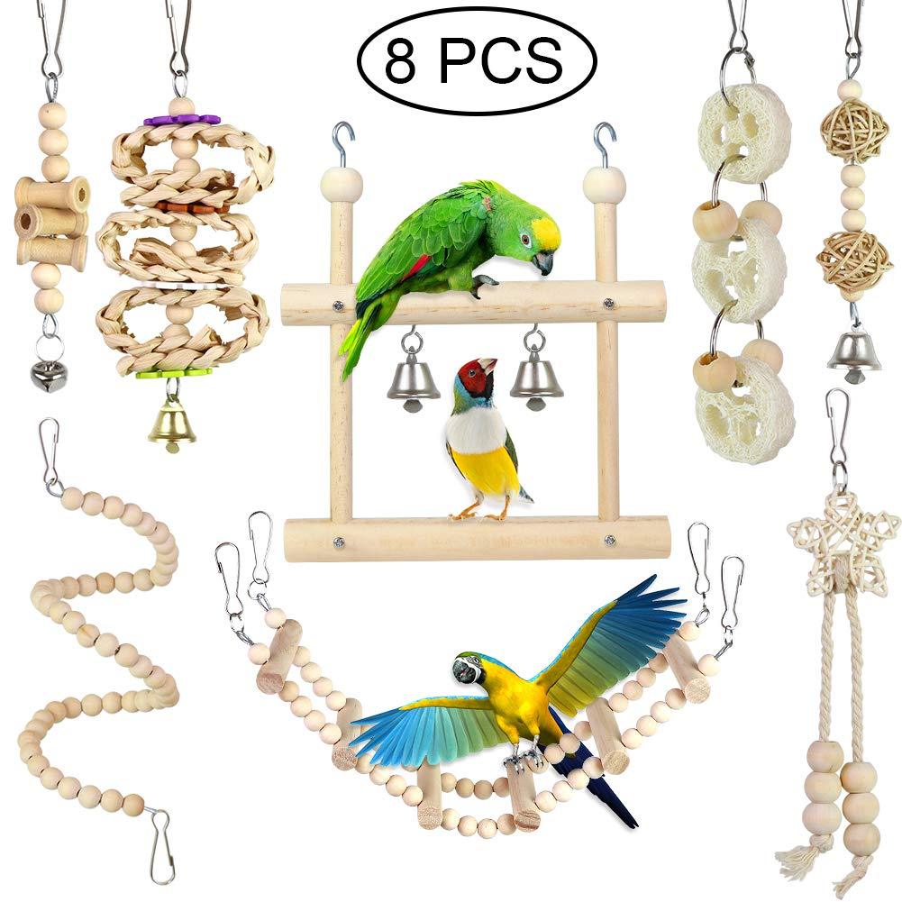 [Australia] - PETUOL Bird Parrot Toys, 8 Packs Bird Swing Chewing Hanging Perches with Bells Finch Toys for Love Birds Howl Budgie Cockatiels Macaws Parakeets Conure Finches Lorikeets and Other Small Medium Birds Natural White 