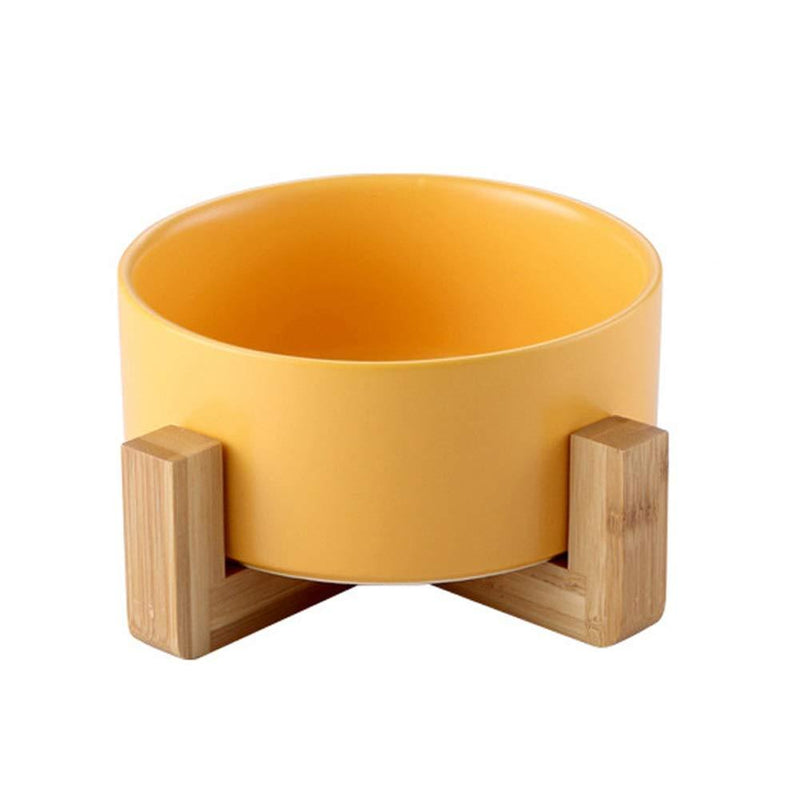 [Australia] - llkajes Ceramic Raised Cat Bowl Food Water Dog Basic Bowl with Anti-Slip Wooden Stand Protect Neck Joints Pet Feeding Bowls Easy to Clean Healthy Eating Yellow 