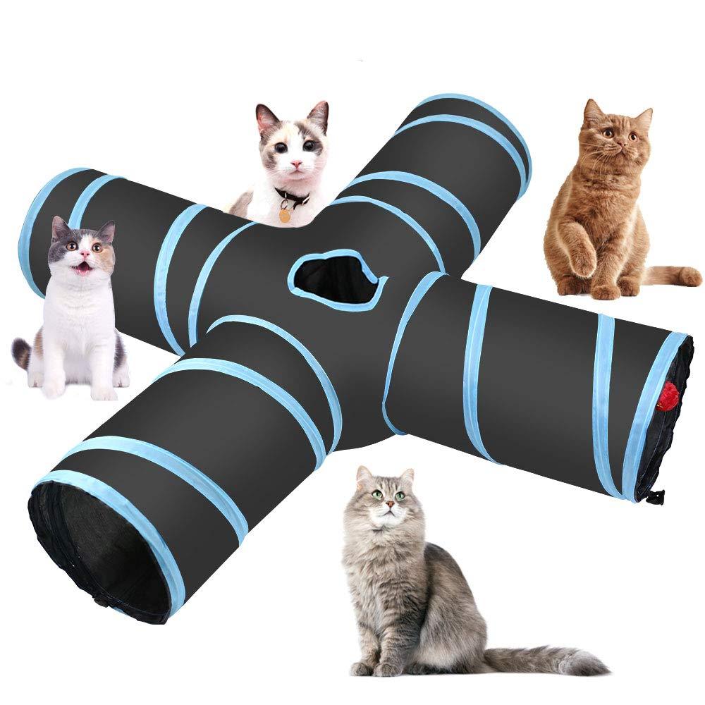 Homevibes Cat Tunnel Collapsible Pet Play Tunnel Tube Toy with a Bell Toy & a Soft Ball Toy for Cat, Puppy, Kitty, Kitten, Rabbit 4 way Blue - PawsPlanet Australia