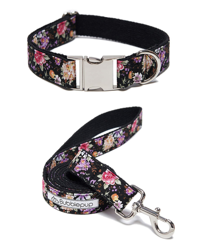 [Australia] - Bubblepup Dog Collar and Leash Set, Dog Collar with Leash Set Adjustable Dog Collar and Leash for Small Medium Large Dogs XS black flower 