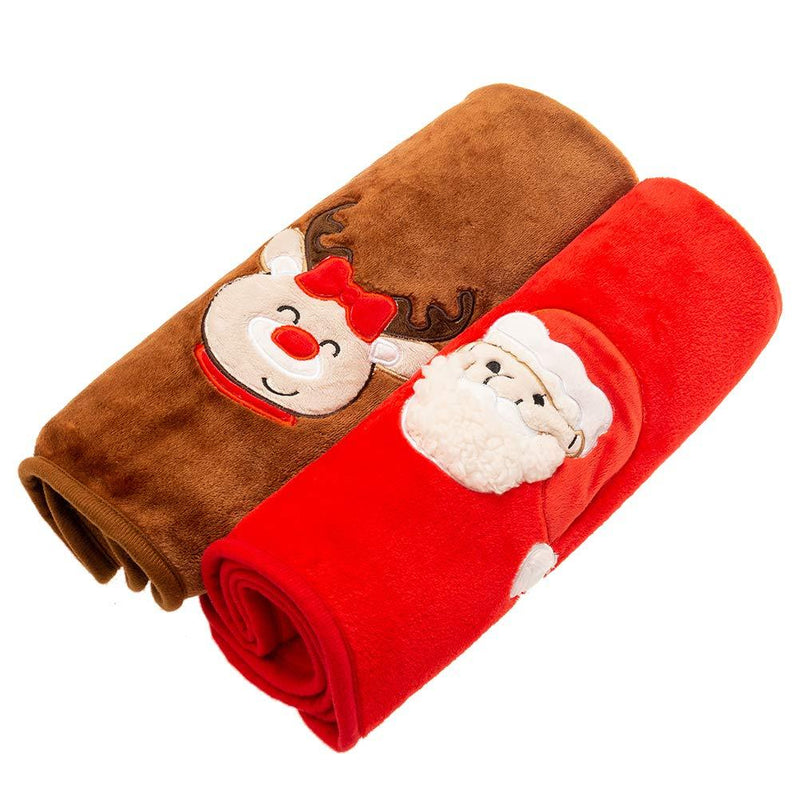 [Australia] - EXPAWLORER Pet Warm Blanket Santa Claus Embroidery Print Soft Comfortable Flannel 2 Pieces for Cats Dogs Elk 