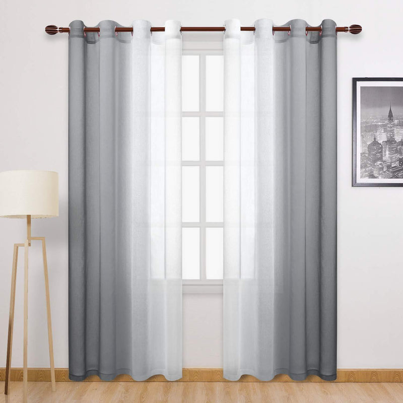 DWCN Grey Faux Linen Ombre Sheer Curtains - Semi Voile Gradient Grommet Top Curtains for Bedroom and Living Room, Set of 2 Window Curtain Panels, 52 x 84 Inches Long 52W x 84L - PawsPlanet Australia