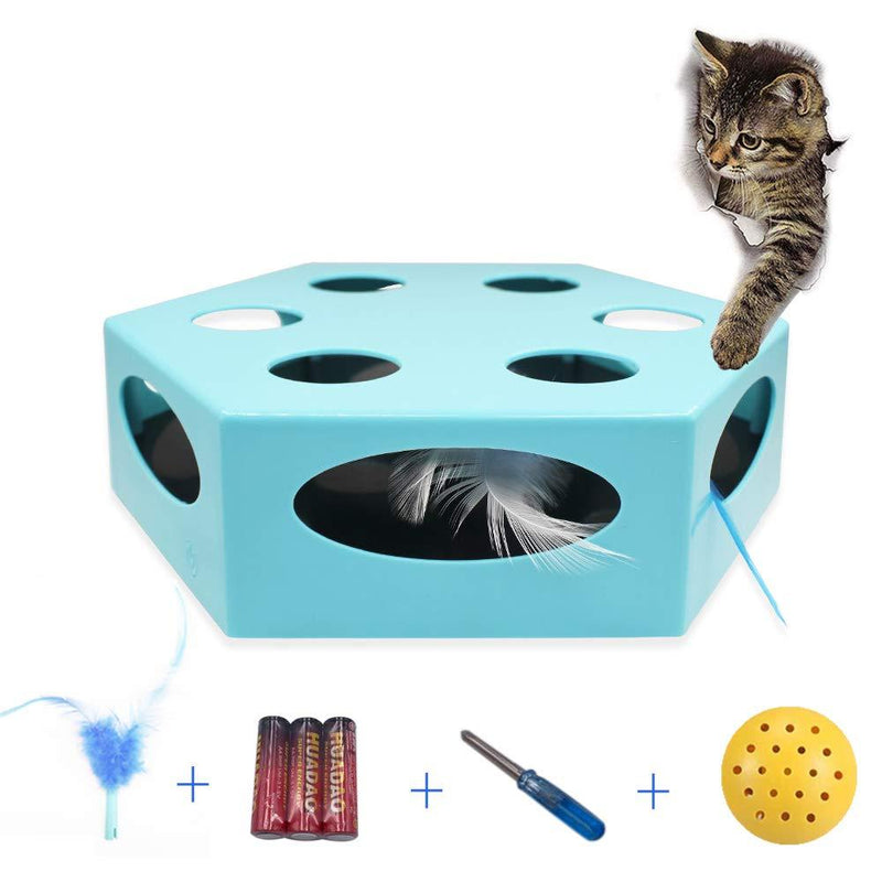 [Australia] - Mylopet Interactive Cat Toys with Electronic Rotating Feather, Novelty Automatic Kitten Toys, Smart Random Rotating Electric Cat Feather Toys Low Noise with Replace Feather Blue(Hexagon) 