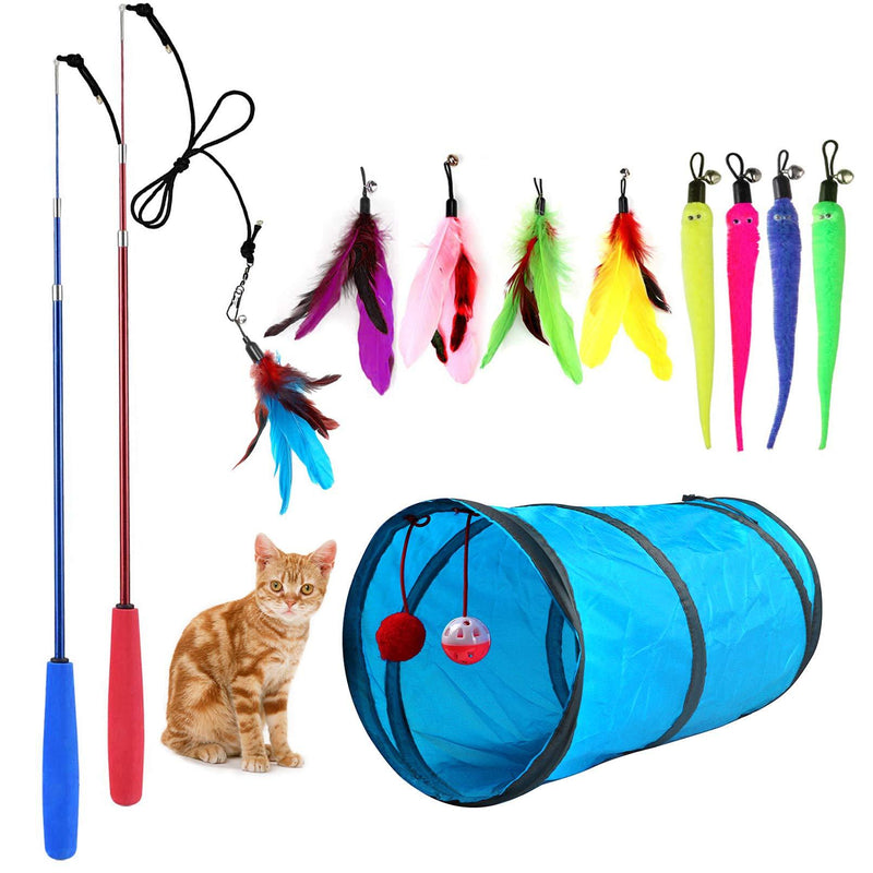 [Australia] - M JJYPET Retractable Cat Toy Wand, 12 Packs Interactive Cat Feather Toys, 9 Assorted Teaser Refills with Bell for Cat Kitten Blue 