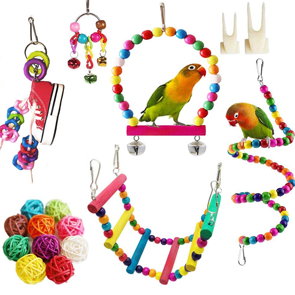 ESRISE Bird Parrot Toys, Hanging Bell Pet Bird Cage Hammock Swing Toy Wooden Perch Mirror Chewing Toy for Small Parrots, Conures, Love Birds, Small Parakeets Cockatiels, Macaws, Finche - PawsPlanet Australia