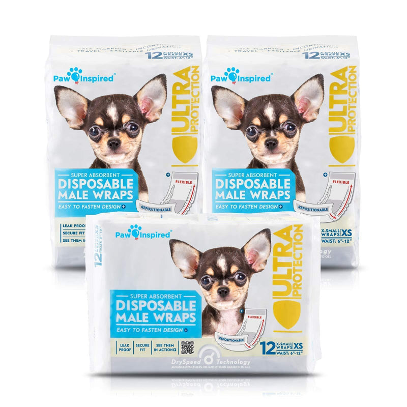 Paw Inspired 36ct Disposable Male Dog Wraps, Belly Band for Dogs | Disposable Dog Diapers Male | Belly Bands for Male Dogs | Excitable Urination, Incontinence, or Male Marking X-Small - PawsPlanet Australia