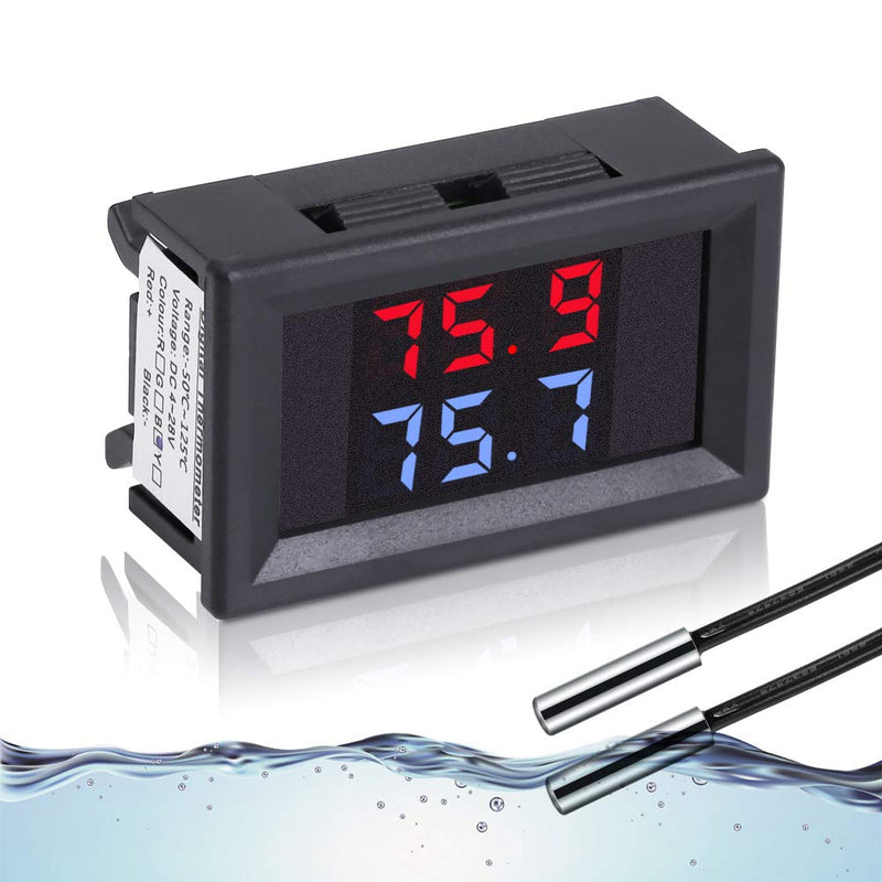 IS Icstation Digital Thermometer, Car Auto Temperature Gauge Sensor, DC 4-28V Fahrenheit Dual Display, Monitor with 2 NTC Waterproof Probes for Aquarium Vehicle Fish Tank - PawsPlanet Australia