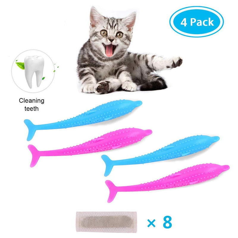 [Australia] - Owtbuy Catnip Toys Interactive Pet Cat Fish Shape Toothbrush, 4 Pack Pet Eco-Friendly Silicone Molar Stick Teeth Cleaning Chew Pet Supplies Cats Kitten Kitty 