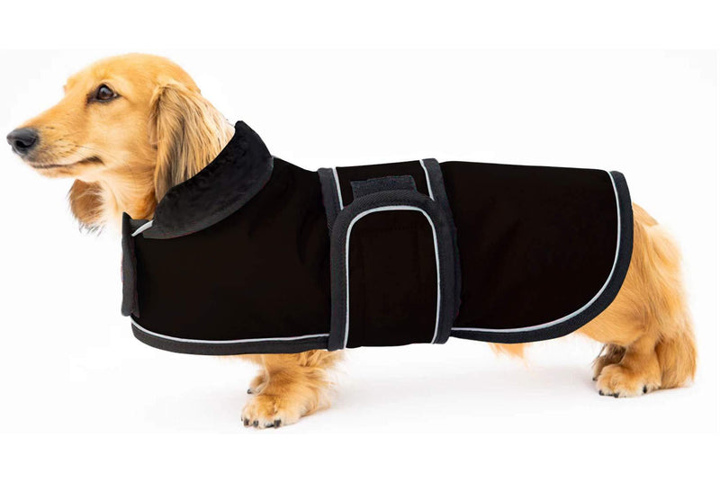 [Australia] - Geyecete Shower Waterproof Dachshund Dog Coat, Dog Winter Coat with Warm Fleece Lining, Outdoor Dog Apparel with Adjustable Bands for Medium, Large Dog Small Black 