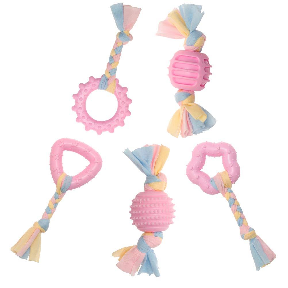 [Australia] - PUPTECK Puppy Rope Chew Toys, Dog Durable Teething Toy with Pink and Blue Rope for Small Dogs and Pet, Star & Ball & Stick 