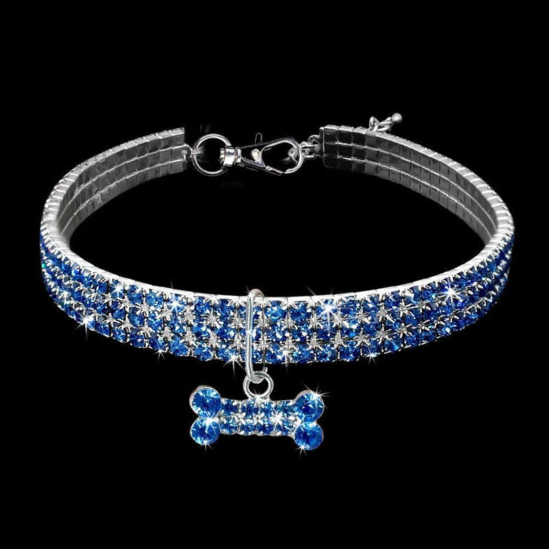 Dogs Kingdom Amazing 3 Rows Rhinestones Necklace Pet Cat Dog Collar Bling Rhinestone Bone Jewelry Party Wedding Accessories S:8-10" neck Dark Blue - PawsPlanet Australia