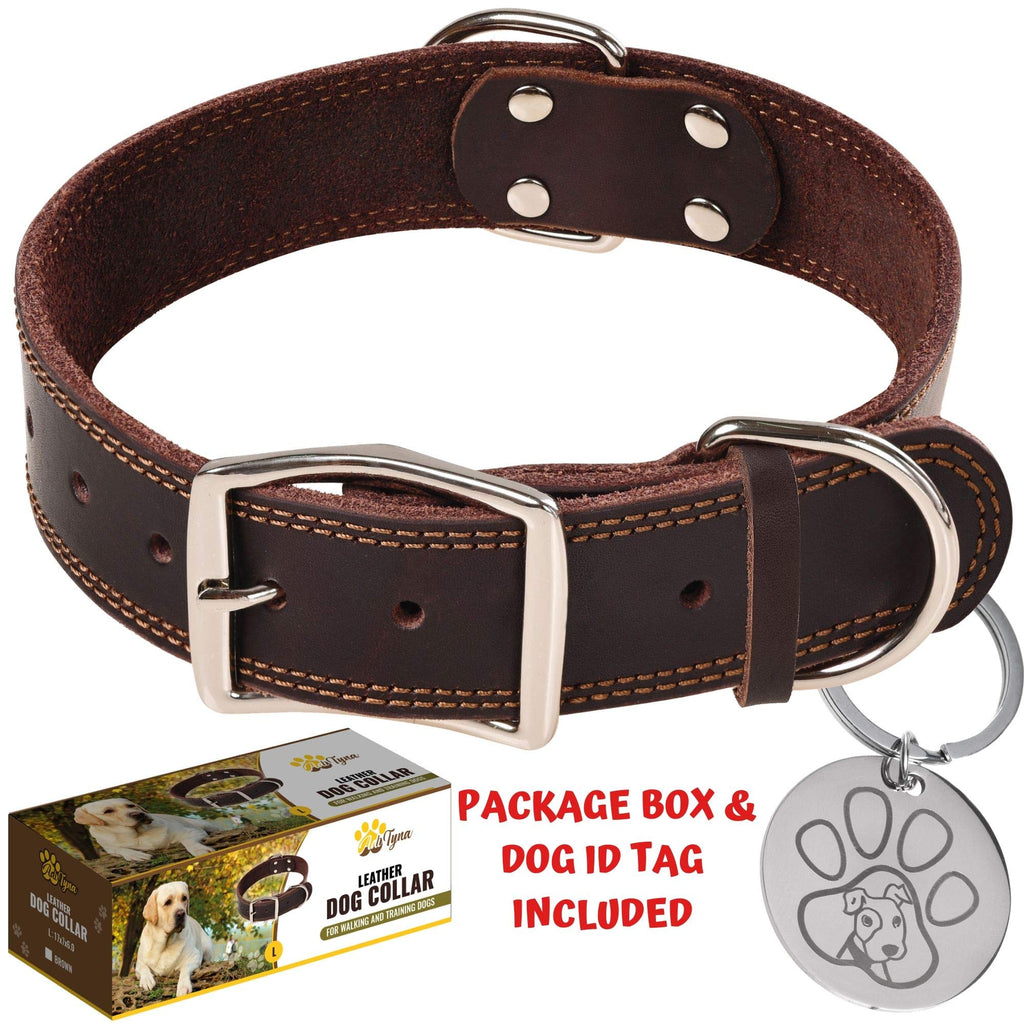 [Australia] - ADITYNA Leather Dog Collar for Small, Medium and Large Dogs - Heavy Duty Wide Dog Collars with Durable Metal Hardware & Double D-Ring - Unique Name Tag Included L: 1,5" width / 17"- 23" length Brown 