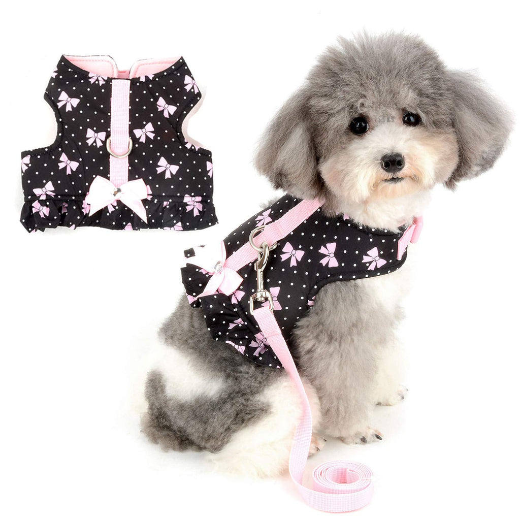 Zunea No Pull Small Dog Girl Harness Dress Escape Proof Cat Kitten Vest Harness and Leash Set Step-in Soft Cotton Padded Colorful Floral Jacket Puppy Chihuahua Clothes with Cute Bow for Walking XS (Chest:12.2-13.7", Neck:8.2-9.4") black bows - PawsPlanet Australia