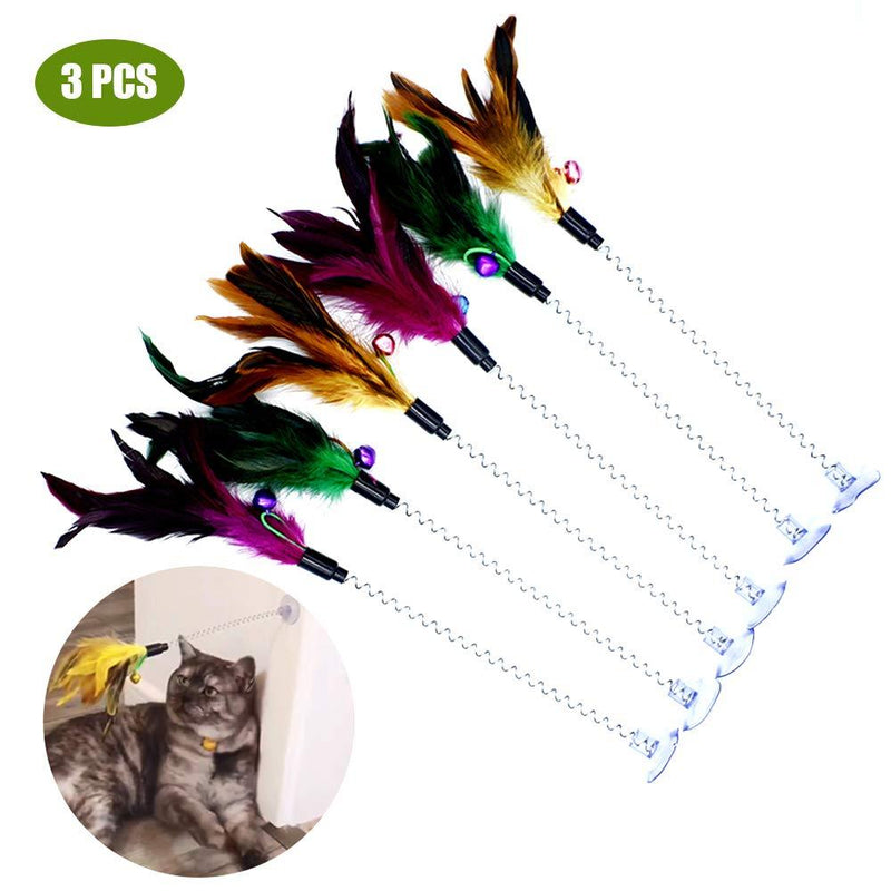 [Australia] - Cat Teaser Wand, 3 Packs Update Metal Wire Spring Cat Toy with Feather and Bell Sucker Cat Teaser Rod Interactive Cat Tease Toys 