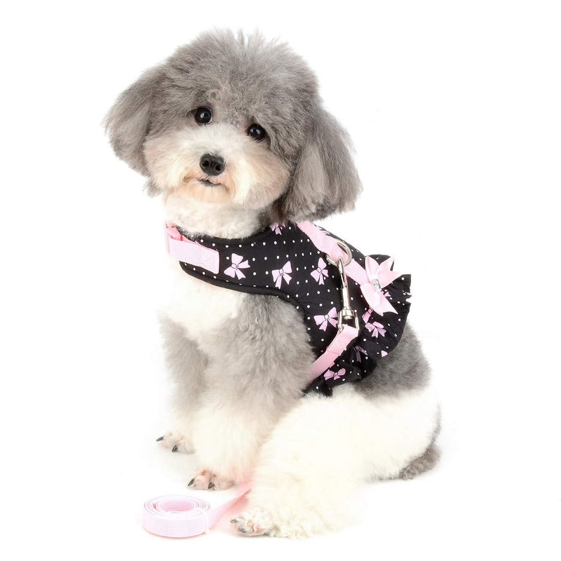 SMALLLEE_LUCKY_STORE Bow Flower Print Cat and Small Dog Harness Dress with Leash for Girls Adjustable No Pull Escape Proof Soft Walking Jacket Waterproof Puppies Kitten Harness Vest Outdoor XS(chest 12-13.5") black bows - PawsPlanet Australia