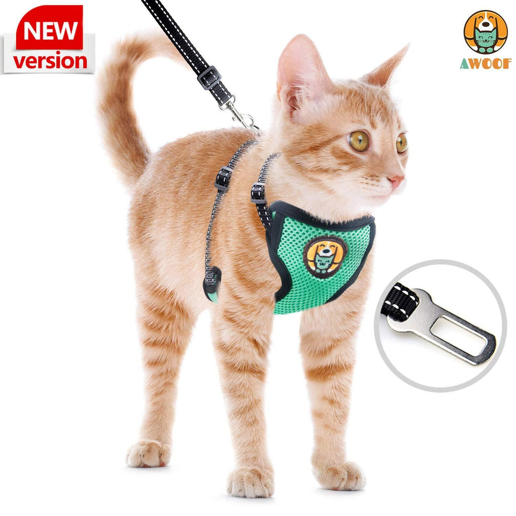 [Australia] - AWOOF Kitten Harness and Leash Escape Proof, Adjustable Cat Kitten Puppy Walking Jacket with Metal Leash Ring, Soft Breathable Small Pet Vest M(neck size: 6.1"-9.4", chest size: 8.26"-14.56") Green 