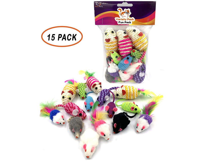 [Australia] - AXEL PETS 15 Variety Mice Rattle Sound, Catnip,3 Real Fur Mice, 3 Sisal Mice,3 Hypno Mice, 3 Rope Mice, 3 Fluffy Cheezers Fur Mice, Interactive Catch Play Mouse Toy for Cat, Pack of 15 Mice 