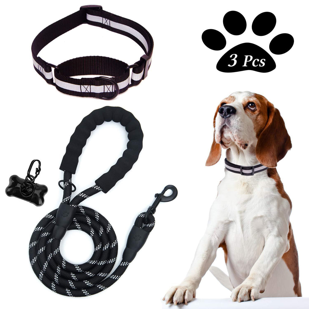 [Australia] - D-buy Reflective Strong Rope Dog Leash with Comfortable Padded Handle Heavy Duty Metal Clasp for Dogs for Pets (5 FT) Large Collar + 5 FT Leash Black 