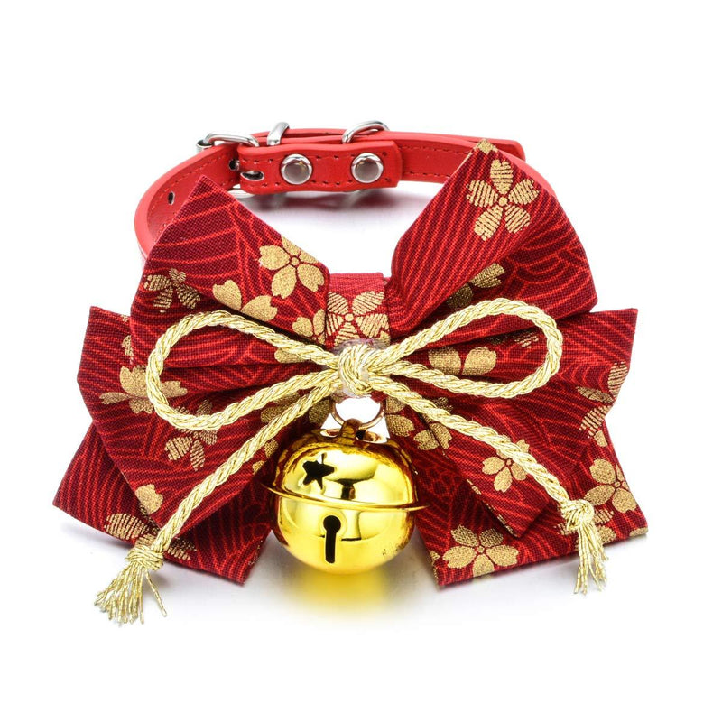 [Australia] - Accesyes Cat/Small Dog Collar with Bell Japanese Joyous Flower Print Breakaway with Bowtie Tie Kitten Puppy Adjustable, 1 Size Fits All Red and Golden Sakura 