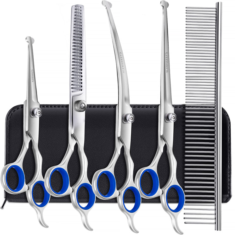 Gimars 6 in 1 Professional 4CR Stainless Steel Safety Round Tip Dog Scissors for Grooming, Heavy Duty Titanium Coated Pet Grooming Scissor for Dogs, Cats and Other Animals Blue 6 in 1 - PawsPlanet Australia