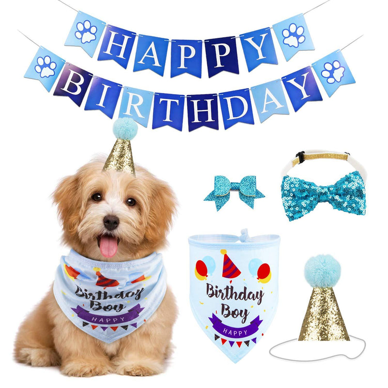 [Australia] - GAGILAND Dog Birthday Bandana Hat Banner Set Dog Boy Girl Cute Bow Tie Scarf Birthday Party Supplies Decorations(Blue, Dog Boy) Blue 